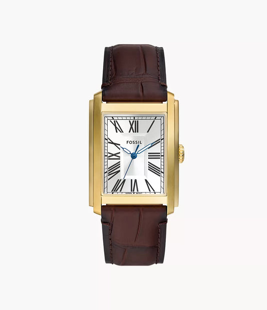 The Fossil Watch - Carraway - FS6011 features a rectangular gold case, white face with black Roman numerals, blue hands, and a classic brown leather strap.