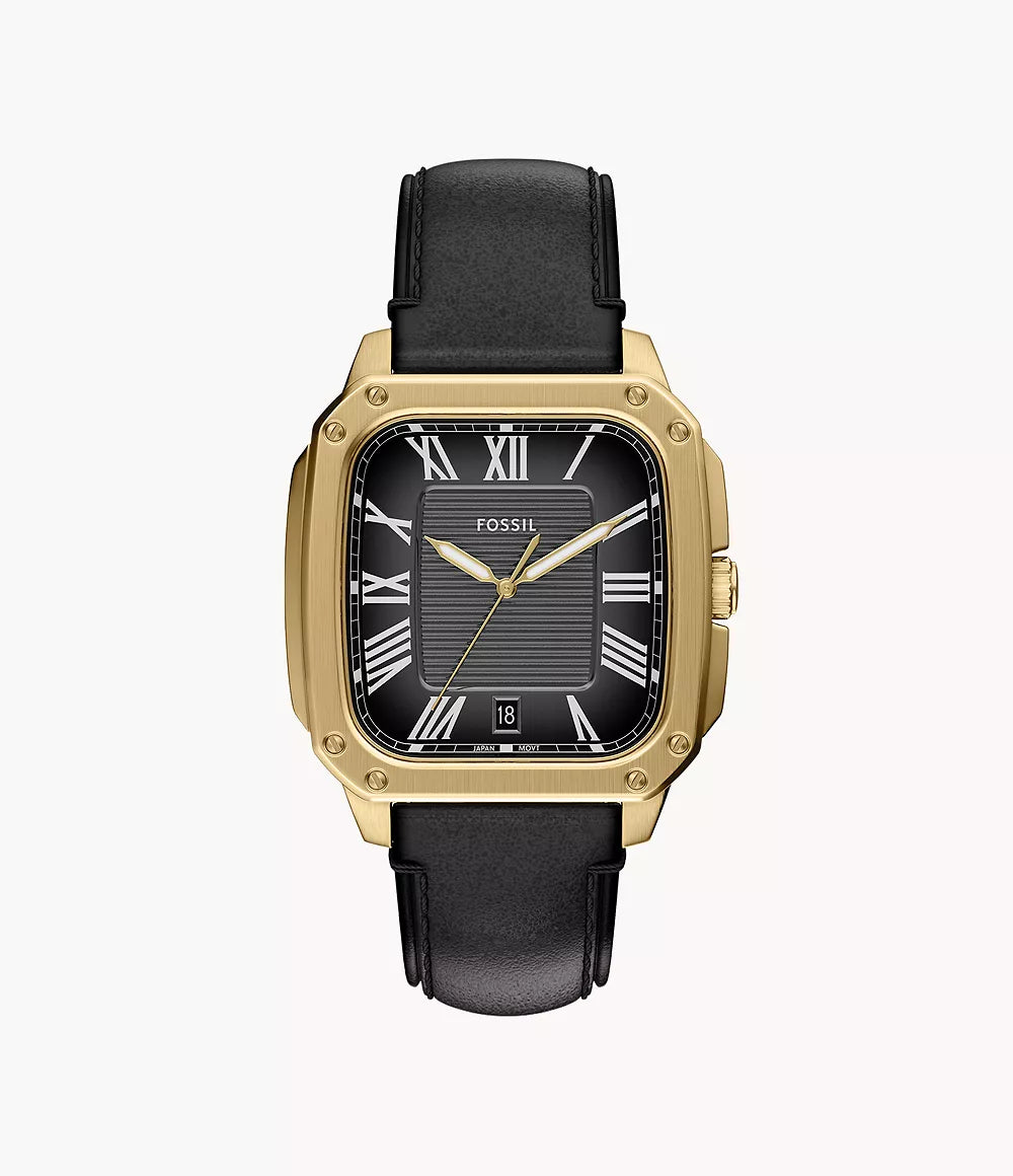 The Fossil Crosby FS6151 watch by Fossil features a gold-tone stainless steel case, black leather strap, black dial with white Roman numerals, date at 6 o’clock, and gold hour and minute hands.