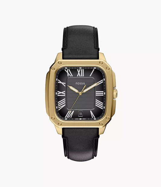 The Fossil Crosby FS6151 watch by Fossil features a gold-tone stainless steel case, black leather strap, black dial with white Roman numerals, date at 6 o’clock, and gold hour and minute hands.