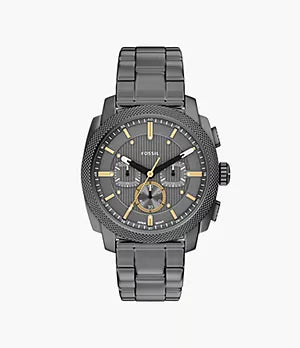 The Fossil Watch - Machine - FS6160 is a men’s chronograph with a gunmetal stainless steel band, textured bezel, and gold-tone hour markers and hands on a sleek gray dial.