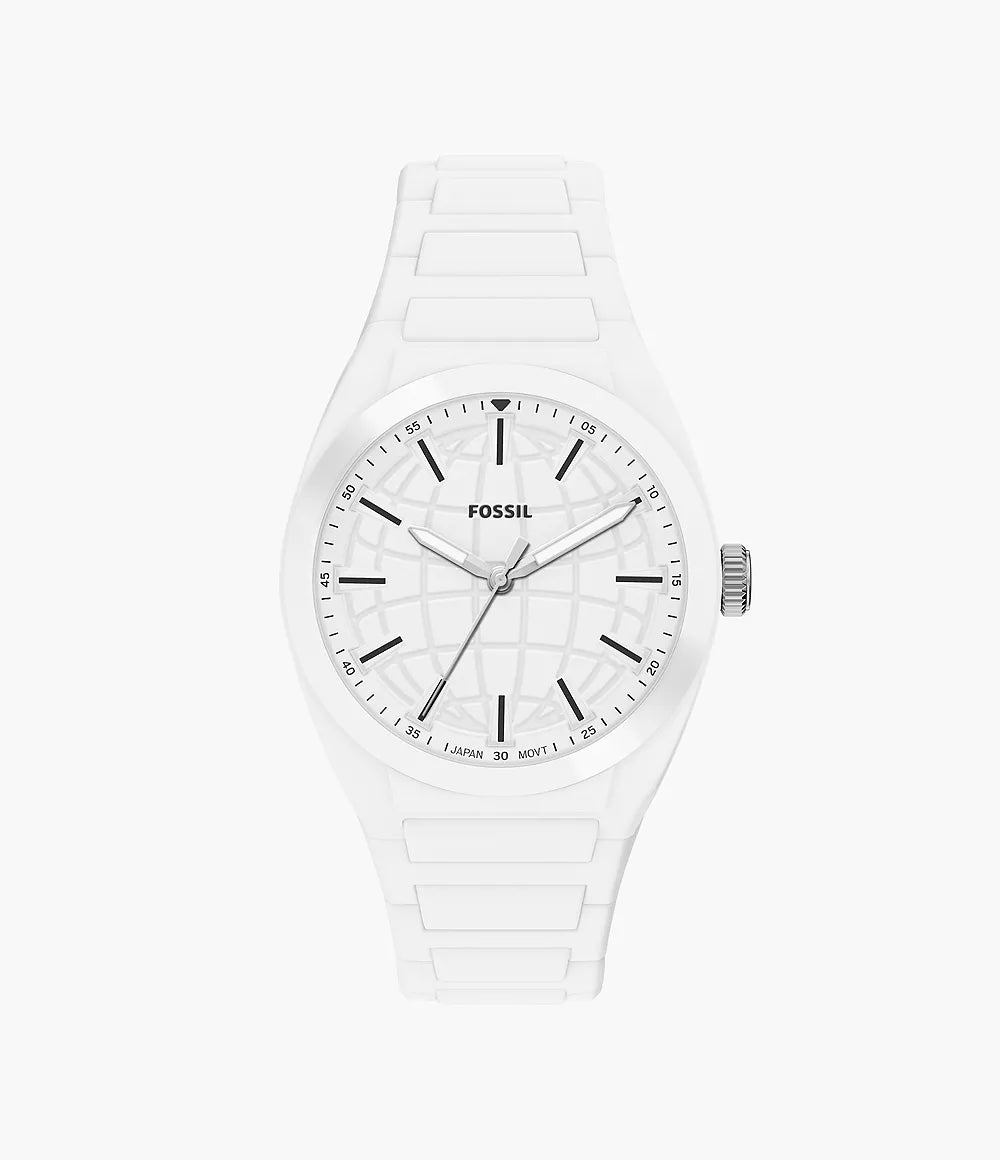 A Fossil Watch - Everett Silicone (FS6176) by Fossil, featuring a white silicone strap, a clear analog face with silver hour markers, and a silver crown on the right side.