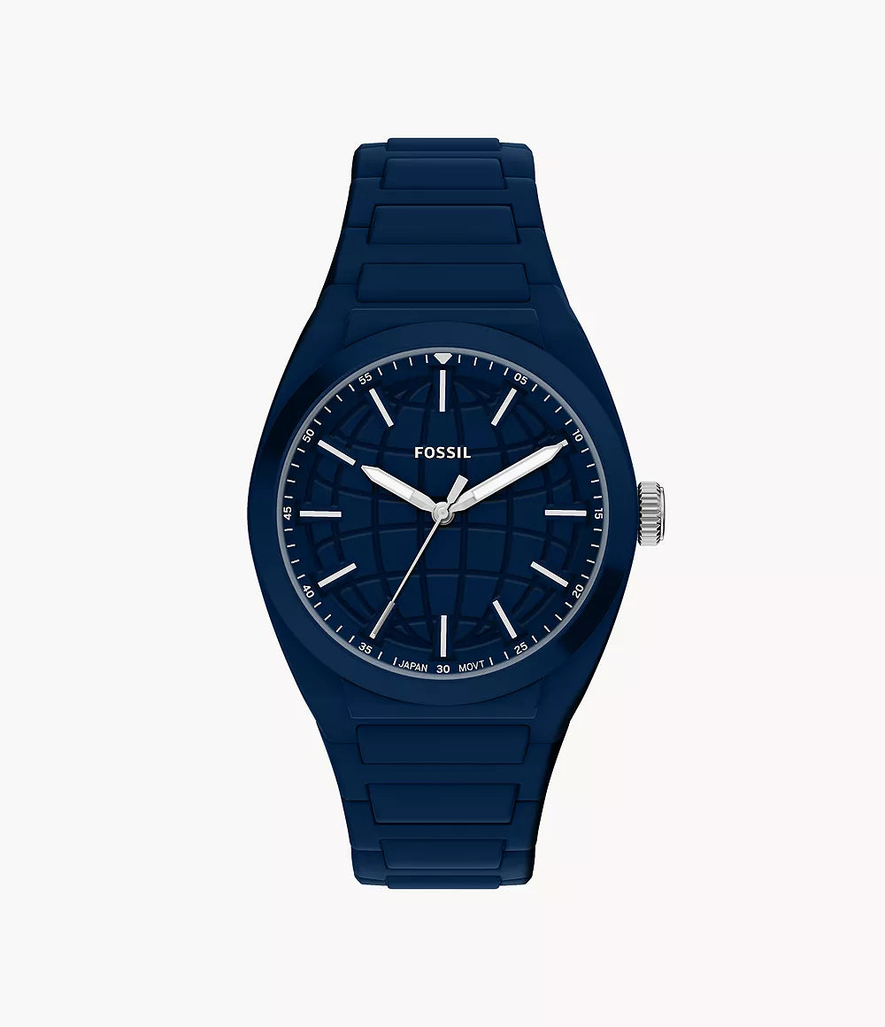 The Fossil Everett Silicone FS6177 men’s sport watch features a blue design with a matching navy silicone strap, white hour and minute hands, and bold white hour markers set on a dark blue dial. Displayed against a plain white background, this sleek timepiece by Fossil blends modern style with practical everyday functionality.