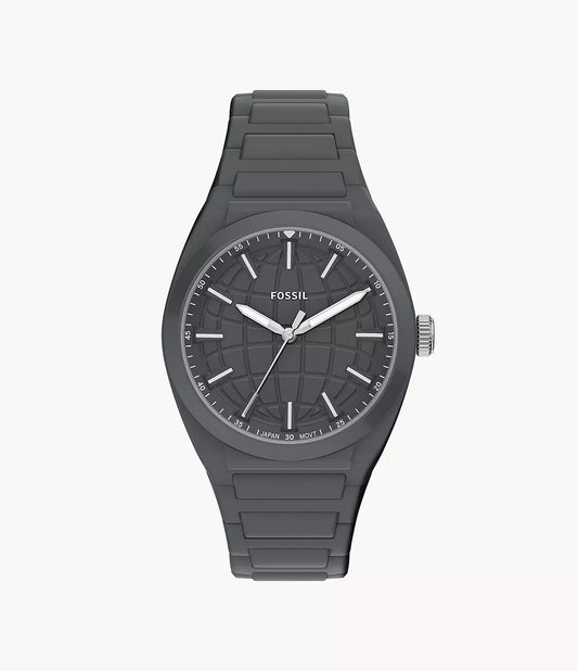 A matte gray Fossil Watch - Everett Silicone - FS6179 featuring a silicone band, silver hour and minute hands, silver hour markers, and a textured dial, displayed against a plain white background.
