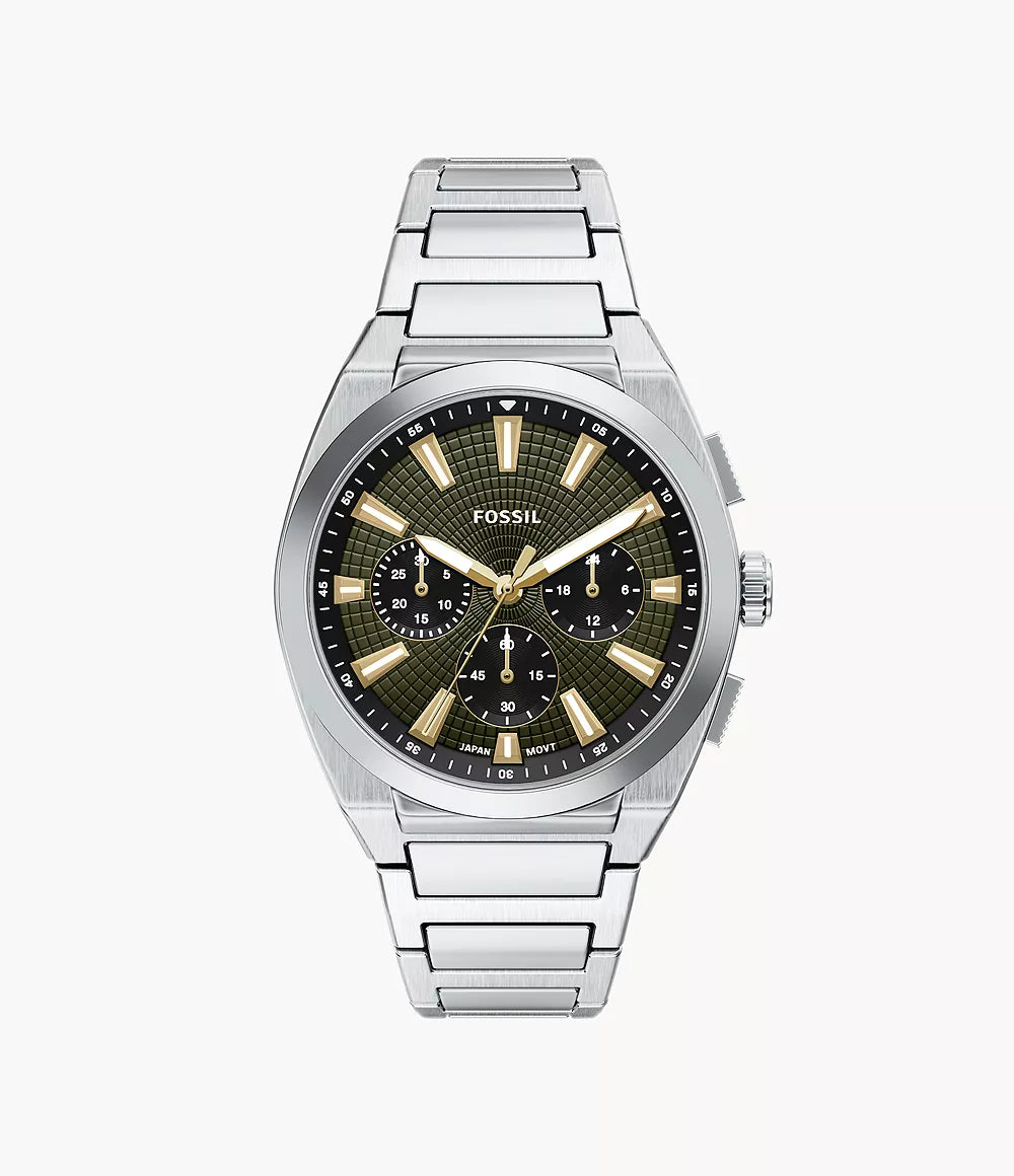 A Fossil Watch - Everett Chronograph - FS6183 by Fossil, featuring a silver stainless steel linked band, a black dial with gold and white hour markers, three subdials, displayed against a plain white background.