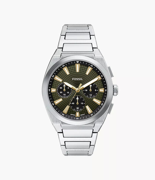 A Fossil Watch - Everett Chronograph - FS6183 by Fossil, featuring a silver stainless steel linked band, a black dial with gold and white hour markers, three subdials, displayed against a plain white background.