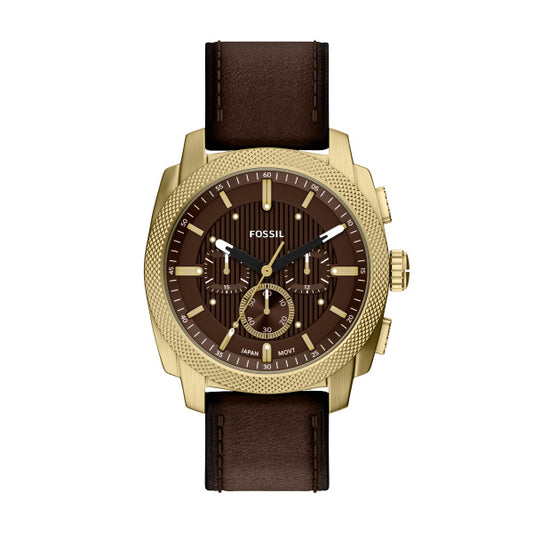 The Fossil Watch - Machine - FS6188 by Fossil features a brown dial with three subdials, gold hour markers, and a dark brown leather strap, embodying a classic yet modern chronograph style.