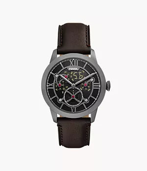 Introducing the Fossil Watch - Townsman Big Tic (FS6191) by Fossil, featuring a dark brown leather strap, a black skeleton-style dial with silver Roman numerals, and exposed mechanical gears highlighted by tourbillon-style detailing. The digital time display is located at the top center of the dial.
