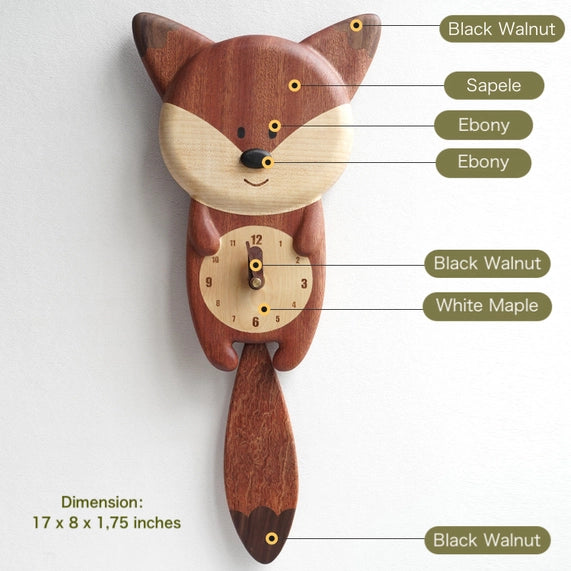 The Senser Woodcraft Wooden Wall Clock - Fox (LL72) features a charming fox design with sapele, ebony, black walnut, and white maple details. Measuring 17 x 8 x 1.75 in, its swinging tail acts as a playful pendulum for your wall.
