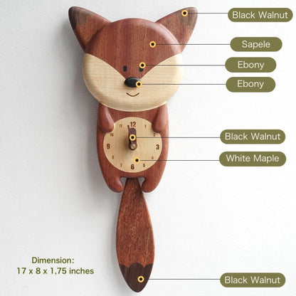 The Senser Woodcraft Wooden Wall Clock - Fox (LL72) features a charming fox design with sapele, ebony, black walnut, and white maple details. Measuring 17 x 8 x 1.75 in, its swinging tail acts as a playful pendulum for your wall.