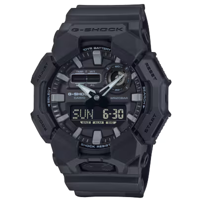 Matte black G-Shock Watch - World Time - GA-010-1A1CR analog-digital watch with white hands and a digital display showing the day and date.