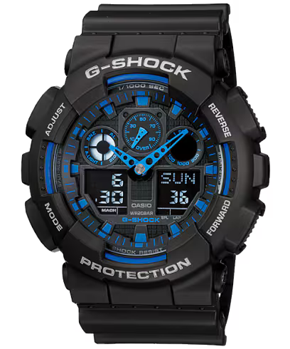 Black shock-resistant G-Shock Watch - 35mm - GA-100-1A2CR analog-digital wristwatch with blue accents on the dial, hands, and bezel markings.
