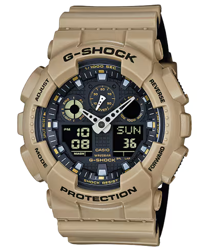 Tan G-Shock Watch - Bi-Color - GA-100L-8ACR analog-digital watch with a black face and a resin strap.