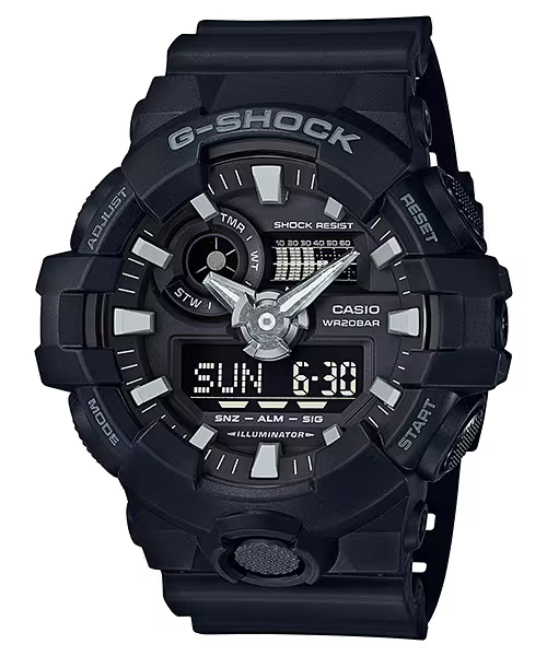 Black G-Shock Watch - Super Illuminator - GA-700-1BCR analog-digital watch with a prominent front-facing light button, white hands, and a digital display showing SUN 6-30.