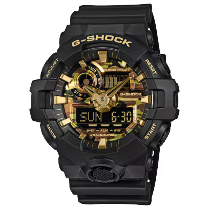 G-Shock Watch - Bold Camo - GA-700CY-1ACR digital-analog watch in black with a gold-and-green camo dial and gold accents.