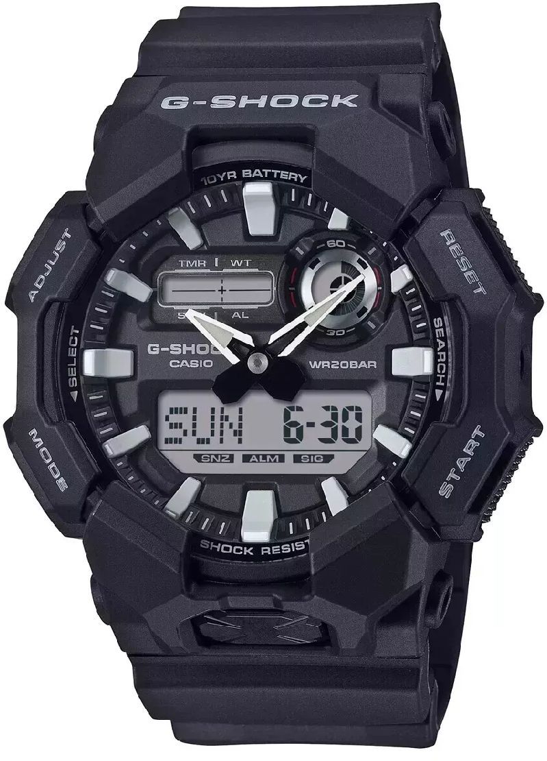 The VLC Distribution Co. G-Shock Watch - Workstyle - GA010-1A is a black, rugged digital-analog watch crafted from bio-based resin with multiple buttons, a sturdy band, and displays for time, date, and various functions.