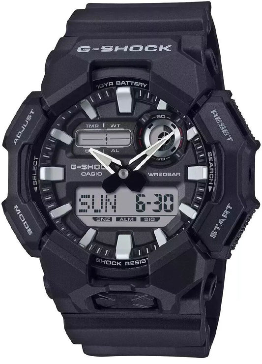 The VLC Distribution Co. G-Shock Watch - Workstyle - GA010-1A is a black, rugged digital-analog watch crafted from bio-based resin with multiple buttons, a sturdy band, and displays for time, date, and various functions.