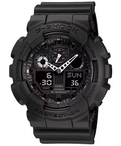 Black G-Shock Watch - 100 Series - GA100-1A1 with an analog and digital display, featuring a textured bezel, white hour and minute hands, and three circular sub-dials.