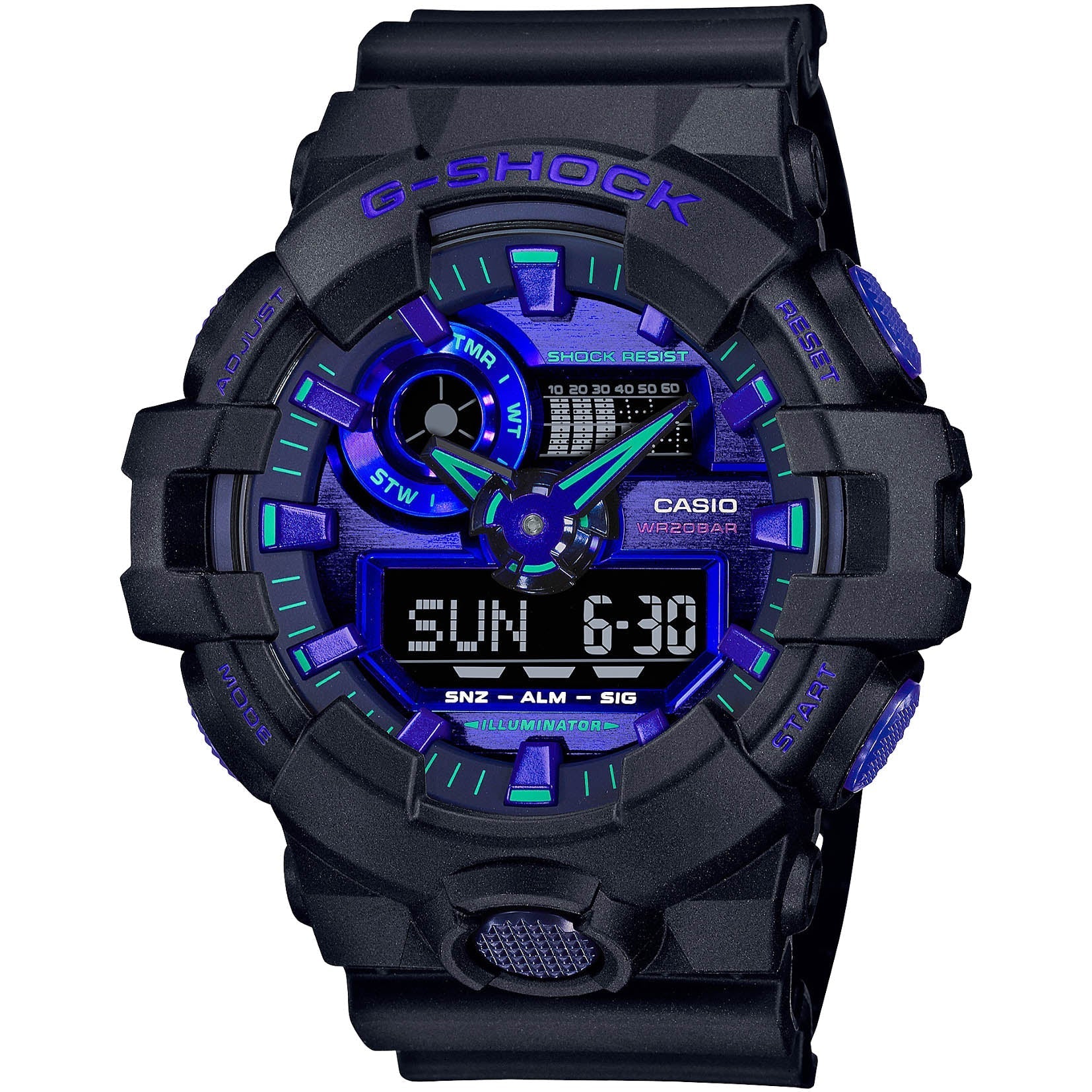 The Casio G-Shock Watch - Analog/Digital - GA700VB-1A by VLC Distribution Co. showcases bold markings, multiple side buttons, and a face with vivid blue and purple accents inspired by virtual reality aesthetics.