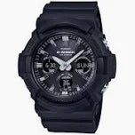 The VLC Distribution Co. G-Shock Watch - Tough Solar - GAS-100B-1ACR features a black resin band, round face, analog/digital displays, solar power, and shows time (about 7:35), day, and date.