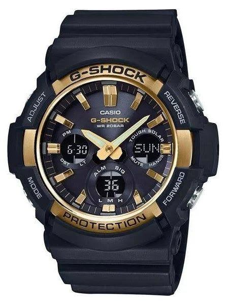 The G-Shock Watch - Tough Solar - GAS100G-1A by VLC Distribution Co. is a black and gold timepiece with a round analog/digital face and side buttons for Adjust, Mode, Reverse, and Forward, powered by Tough Solar technology.