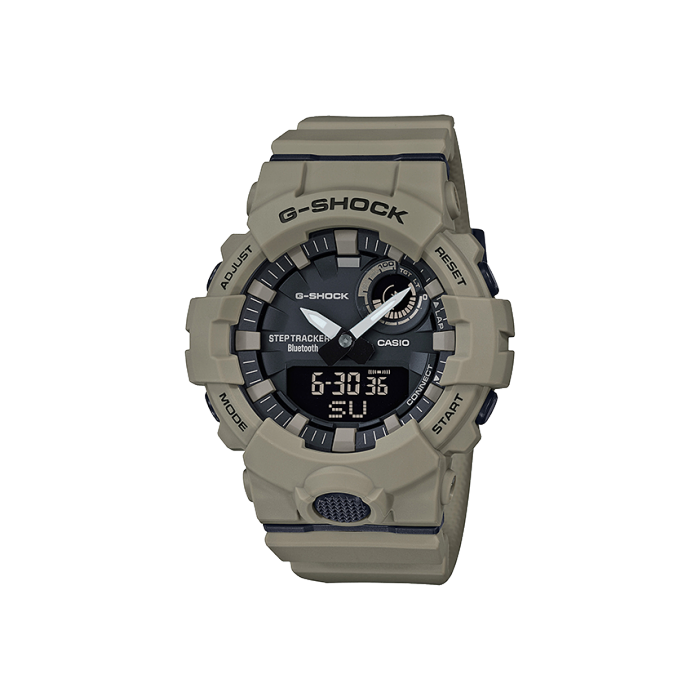 The VLC Distribution Co. Casio G-Shock Watch - Power Trainer (GBA-800UC-5A) features a beige resin band and case, black digital-analog face, multiple function buttons, and fitness support functions, shown on a plain white background.