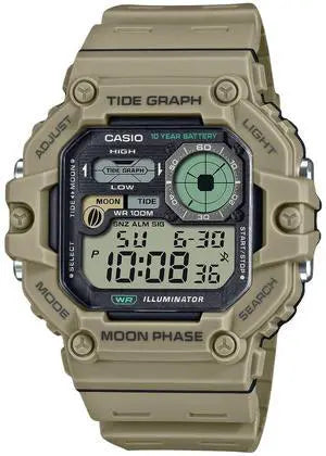 The G-Shock Watch - Power Trainer (GBD-800UC-5CR) by VLC Distribution Co. in khaki shows 10:08:36 and 6-30 (Sat), with moon phase, tide graph, analog dial, and "Power Trainer" text—perfect for fitness tracking.