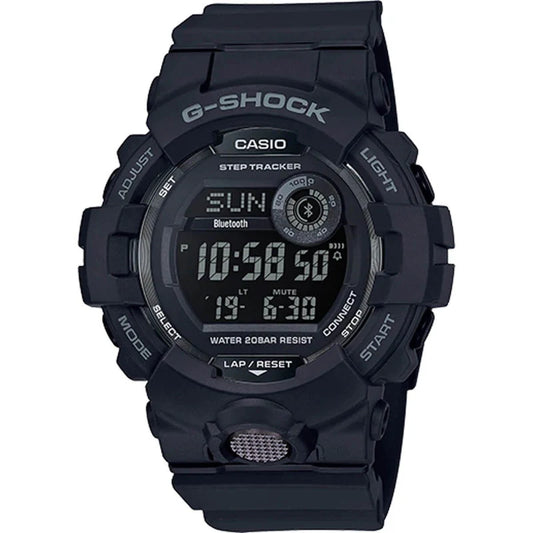 The VLC Distribution Co. Casio G-Shock Move GBD800-1B sports watch in black features a round face displaying time, day, and date, plus function labels, durable band, and multiple bezel buttons for rugged performance.