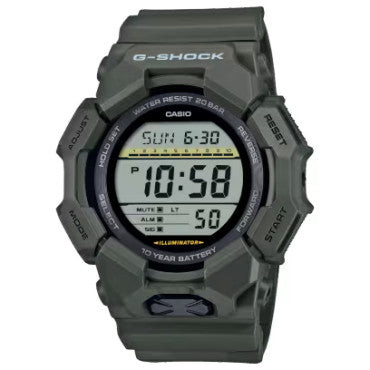 The Casio G-Shock Watch - World Time - GD010-3CR by VLC Distribution Co. features a dark green band, multiple buttons, world time, a durable build, a 10-year battery, and displays 10:58 on Sunday, June 30.