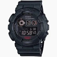 The VLC Distribution Co. G-Shock Watch - Big Case Series GD-120MB-1CR, in black, displays 10:58:50 and features extra dials and buttons, celebrated for its shock-resistant and durable design.