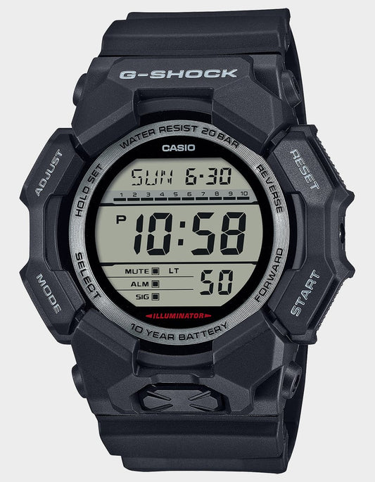The VLC Distribution Co. G-Shock Watch - World Time - GD010-1 in black features a textured band, displays 10:58 and Sunday 6-30, and includes adjust, mode, select, start, reset, and forward buttons for versatile world time functions.
