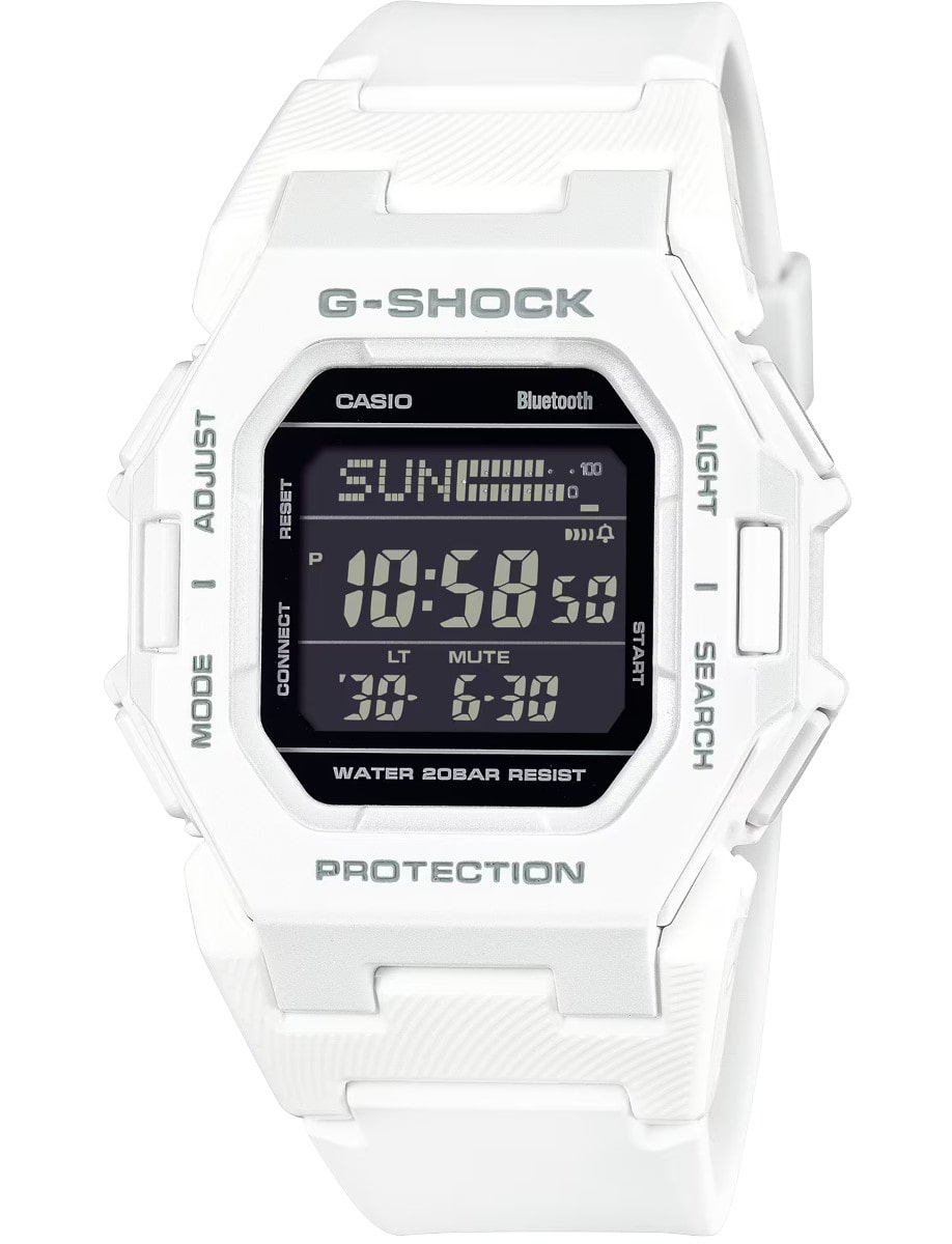 The VLC Distribution Co. G-Shock Watch - GDB500-7 is a white digital watch displaying 10:58:50 and Sunday, with Mode, Adjust, Light, and Search buttons. It offers Bluetooth connectivity and water resistance for everyday use.
