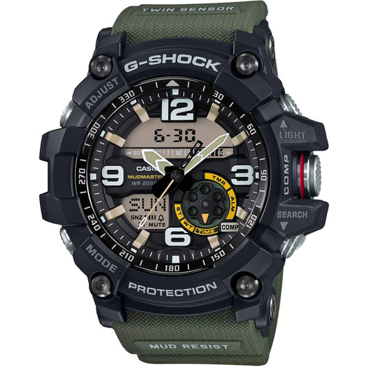 The VLC Distribution Co. G-shock Mudmaster GG1000-1A3 is a rugged, mud-resistant watch featuring a black and green design, Twin Sensor tech, analog/digital displays, bold numerals, and labeled buttons for light, mode, and search.