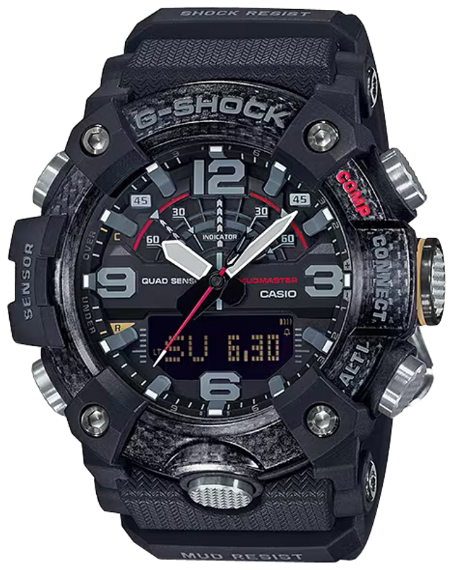 The Casio G-Shock Watch - Mudmaster GGB100-1A by VLC Distribution Co. is a rugged black watch with digital and analog displays, silver buttons, carbon fiber accents, and bold "SENSOR," "CONNECT," and "MUD RESIST" labels.