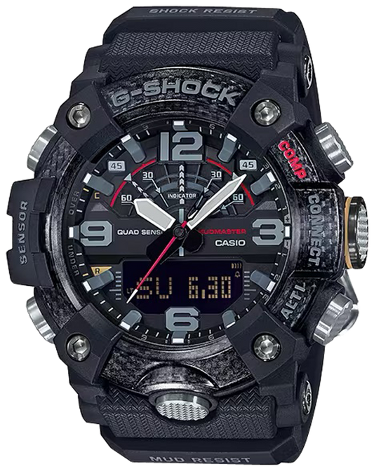 The Casio G-Shock Watch - Mudmaster GGB100-1A by VLC Distribution Co. is a rugged black watch with digital and analog displays, silver buttons, carbon fiber accents, and bold "SENSOR," "CONNECT," and "MUD RESIST" labels.