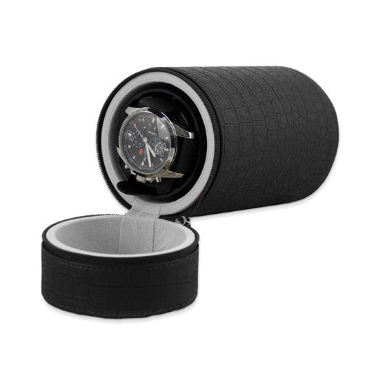 The Quality Gold Watch Winder - Black Faux Crocodile (GM8463) stands open, revealing a wristwatch inside its soft, light-colored lined interior for added protection.