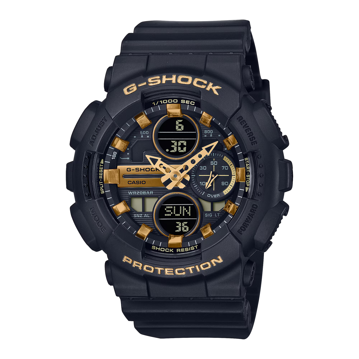 The Casio G-Shock Watch - Women - GMAS140M-1A by VLC Distribution Co. is a black ladies’ watch with gold accents, multiple digital displays, shock resistance, bezel buttons, and “G-SHOCK” and “PROTECTION” in gold.
