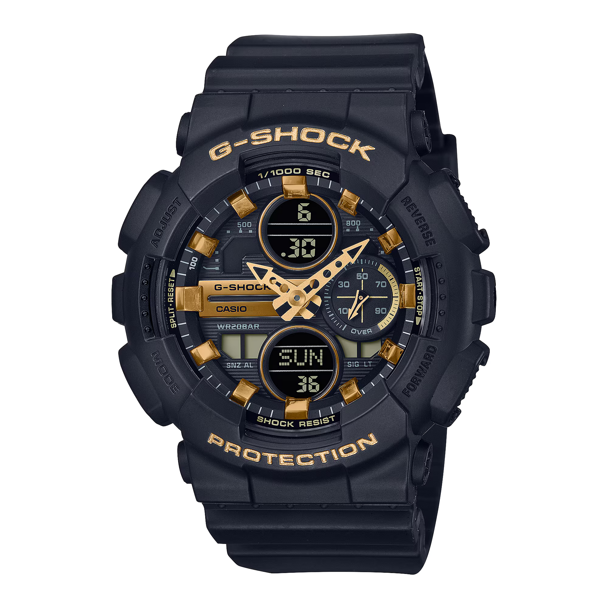 The Casio G-Shock Watch - Women - GMAS140M-1A by VLC Distribution Co. is a black ladies’ watch with gold accents, multiple digital displays, shock resistance, bezel buttons, and “G-SHOCK” and “PROTECTION” in gold.