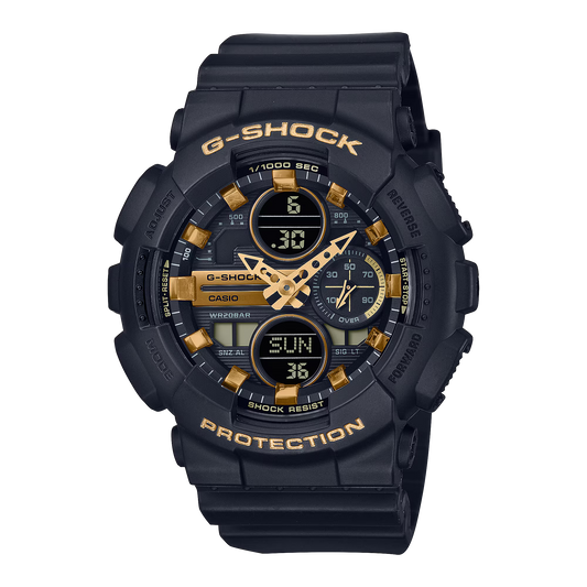 The Casio G-Shock Watch - Women - GMAS140M-1A by VLC Distribution Co. is a black ladies’ watch with gold accents, multiple digital displays, shock resistance, bezel buttons, and “G-SHOCK” and “PROTECTION” in gold.