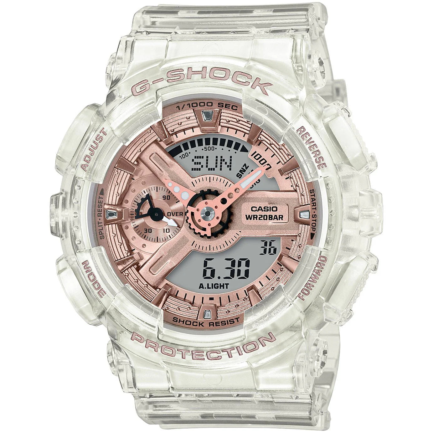 The Casio G-Shock Watch - Youth - GMAS110SR-7A by VLC Distribution Co. features a translucent band and case, rose gold and gray digital-analog display with multiple dials—a stylish unisex sporty watch for any occasion.