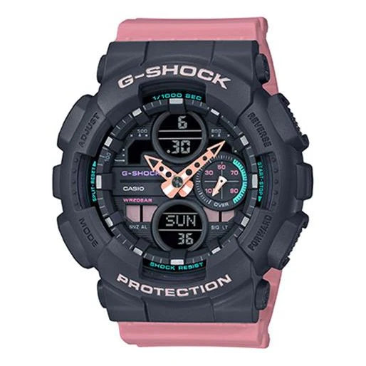 The VLC Distribution Co. G-Shock Watch - Youth - GMAS140-4A features a shock-resistant build, dark gray face, light pink accents, and pink strap. It shows time, day, and date via analog hands and digital screens; "G-SHOCK" and "PROTECTION" printed on bezel.