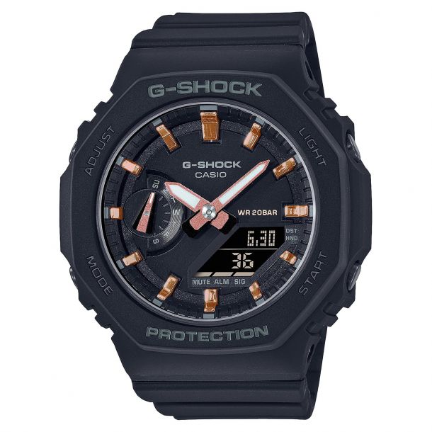 The Casio G-Shock Watch - S Series - GMAS2100-1A by VLC Distribution Co. features a black round face, analog hands, rose gold markers, digital display, textured side buttons, shock resistance, and bold Protection and G-Shock on the bezel.