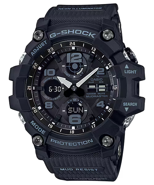 G-Shock Watch - Master of G Mudmaster - GSG-100-1ADR, a black analog-digital watch with a textured resin band, featuring a rugged bezel and a dark face with large gray hour markers.