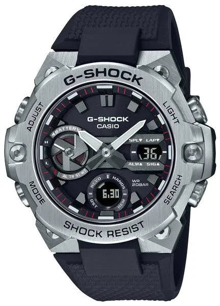 The G-Shock Watch - G-STEEL GST-B400-1A by VLC Distribution Co. features a black band, silver bezel, analog/digital displays, labeled buttons, G-SHOCK and SHOCK RESIST markings, and a carbon core guard for durability.