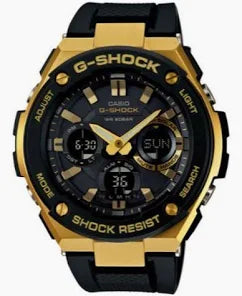 The VLC Distribution Co. G-Shock Watch - G-Steel GST-S100G-1ACR features a black and gold round face, digital and analog displays, labeled bezel buttons, a shock-resistant build, and a sporty, durable design.