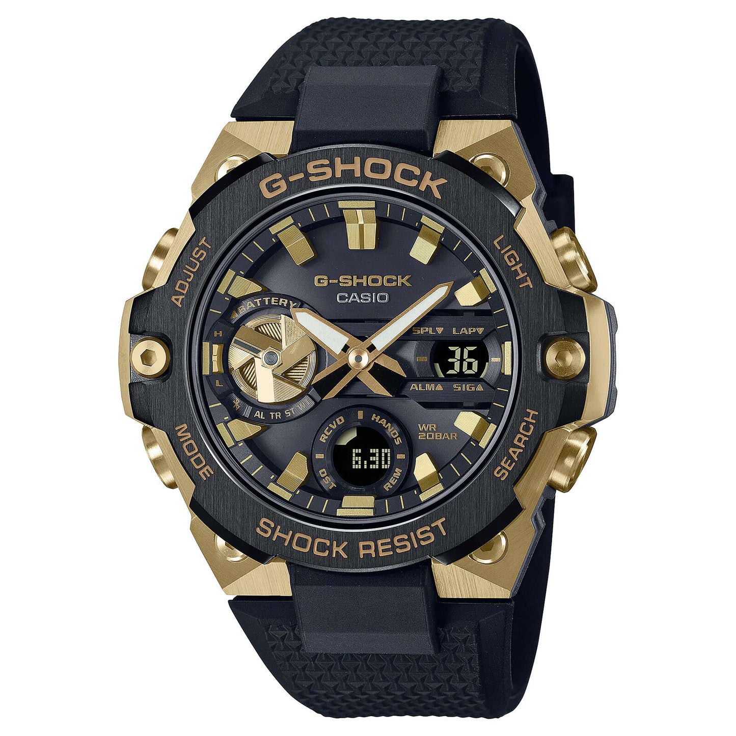 The VLC Distribution Co. Casio G-Shock Watch (G-Steel GSTB400GB1A9) features a black and gold design, analog and digital displays, labeled buttons, a textured strap, and a bold multi-dial face marked Shock Resist and G-SHOCK.