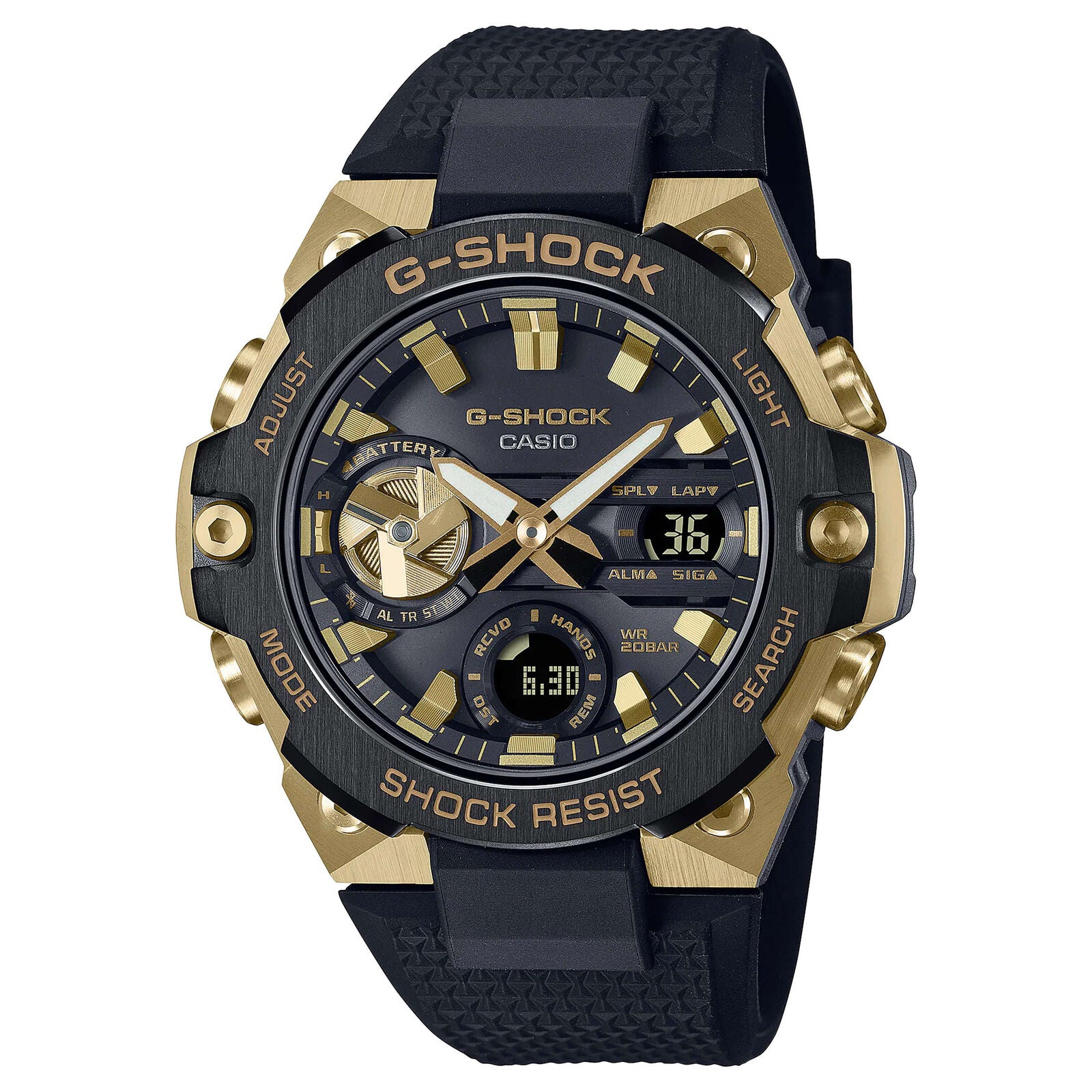 The VLC Distribution Co. Casio G-Shock Watch (G-Steel GSTB400GB1A9) features a black and gold design, analog and digital displays, labeled buttons, a textured strap, and a bold multi-dial face marked Shock Resist and G-SHOCK.