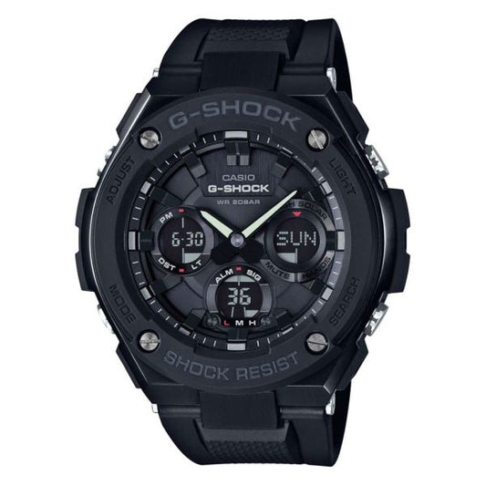 The VLC Distribution Co. G-Shock Watch - G-STEEL GSTS100G-1B features a black round face, analog and digital displays, Tough Solar power, labeled adjust/mode/light/search buttons, day/date/digital info on dial, and a shock-resistant design.