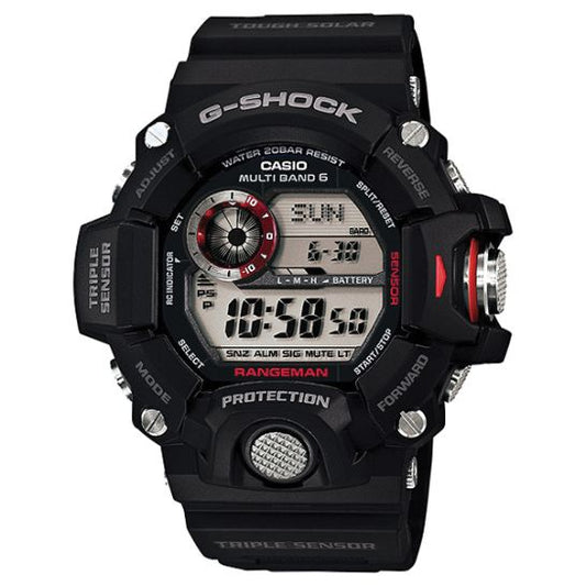 The VLC Distribution Co. G-Shock Watch - Rangeman Master of G Series 9400-1CR features a rugged black design, digital time and date display, bold red accents, multiple buttons, and Triple Sensor Watch technology.