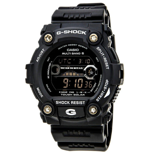 The Casio G-Shock Watch (GW7900B-1) from VLC Distribution Co.’s Solar Atomic G-Rescue Series features a black round face showing 9:10, with bezel labels including MULTI BAND 6, TOUGH SOLAR, and SHOCK RESIST.