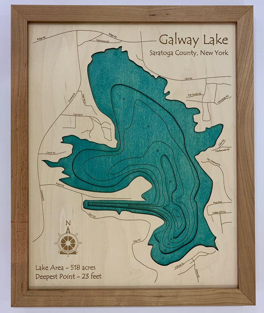 Lake Map - Galway Lake - Laser Carved Wooden Relief Map - 14" x 18" - New York